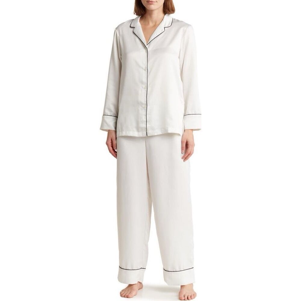 Natori Satin Long Sleeve Button-Up Top & Crop Pants Pajama
